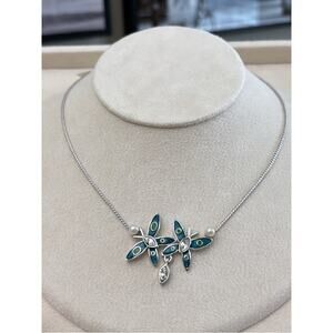 Nina Ricci Silver Necklace with Teal and Green Enamel Floral Motif